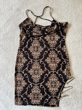 Fashion Magazine Black & Tan Mini Dress with Damask Print